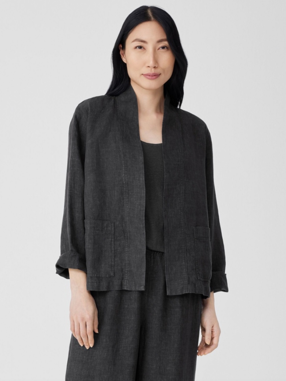 Eileen Fisher Washed Organic Linen Délavé High Collar Jacket Size L